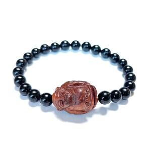 Mens Black Onyx Bead Bracelet Wise Man Wood Carving Vintage Upcycled Beads